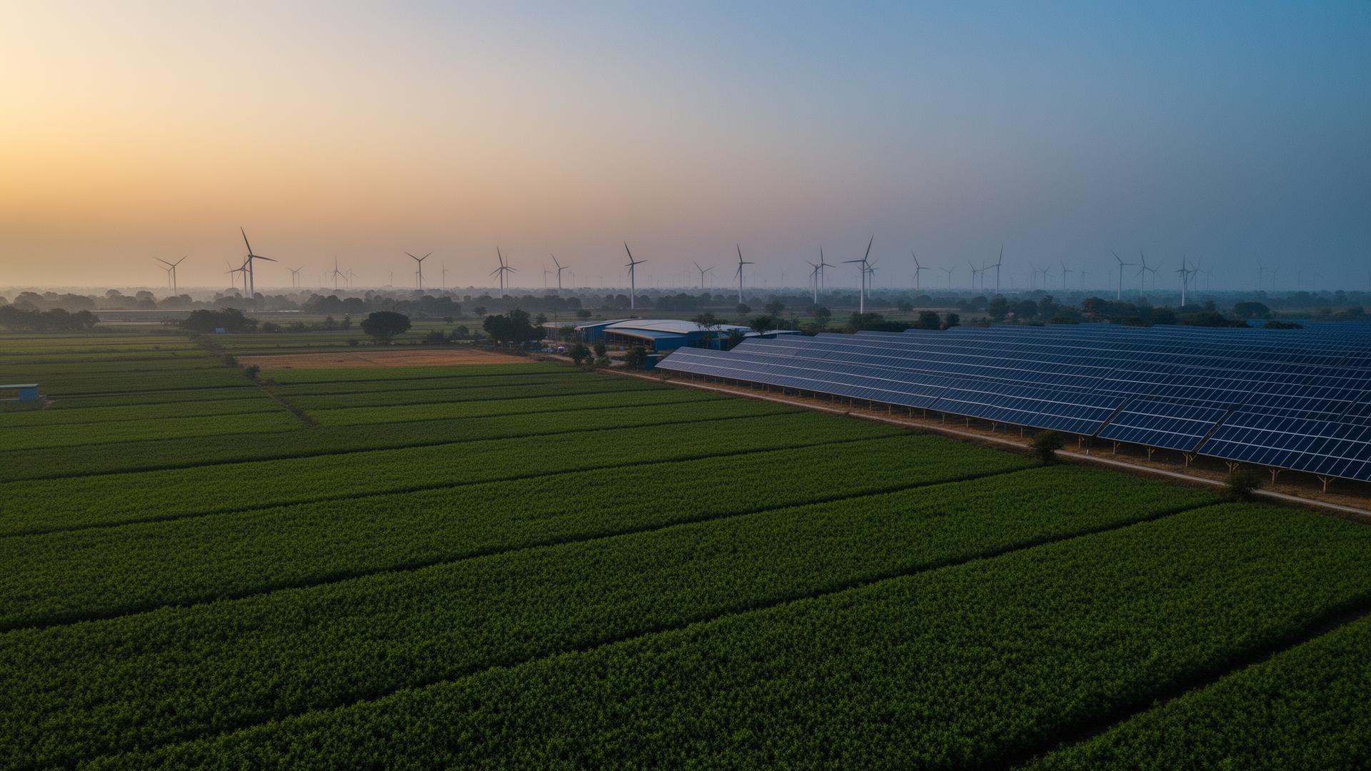 Clean-tech infrastructure across Indian farmland at dusk — solar arrays and wind turbines